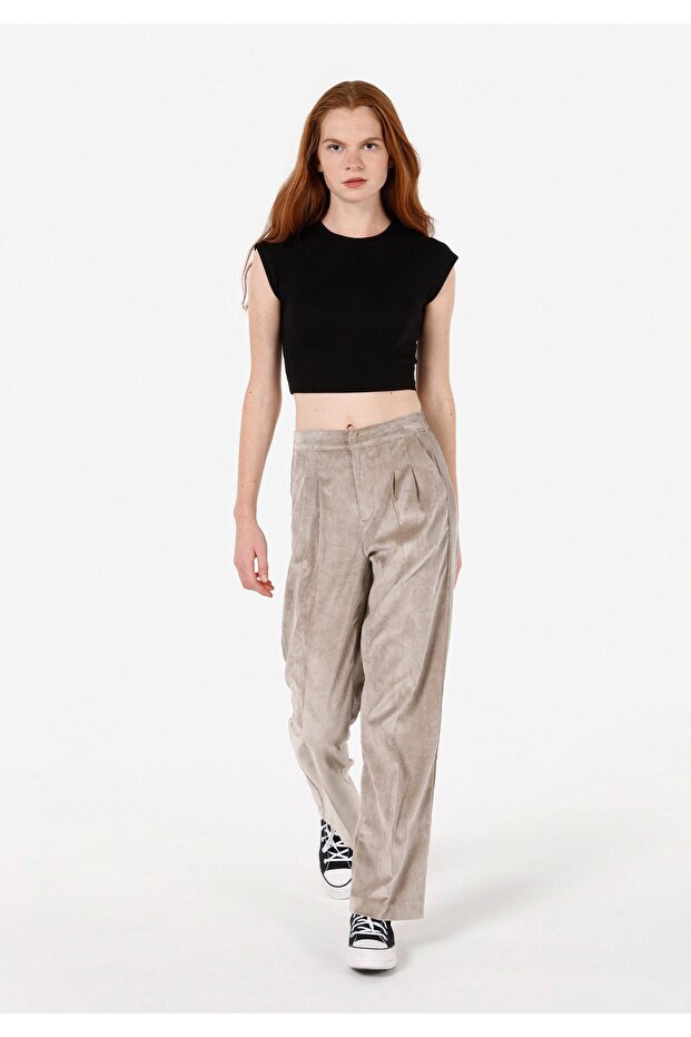 Regular Fit Yüksek Bel Geniş Paça Kadın Koyu Mavi Pantolon - 3