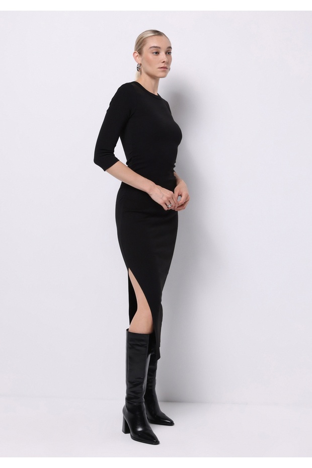 Slim Fit Plain Women's Black ¾ Sleeve Dress