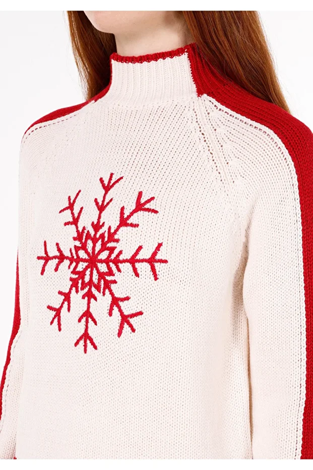 Regular Fit Turtle Neck Nakışlı Kadın Ekru Kazak - 4