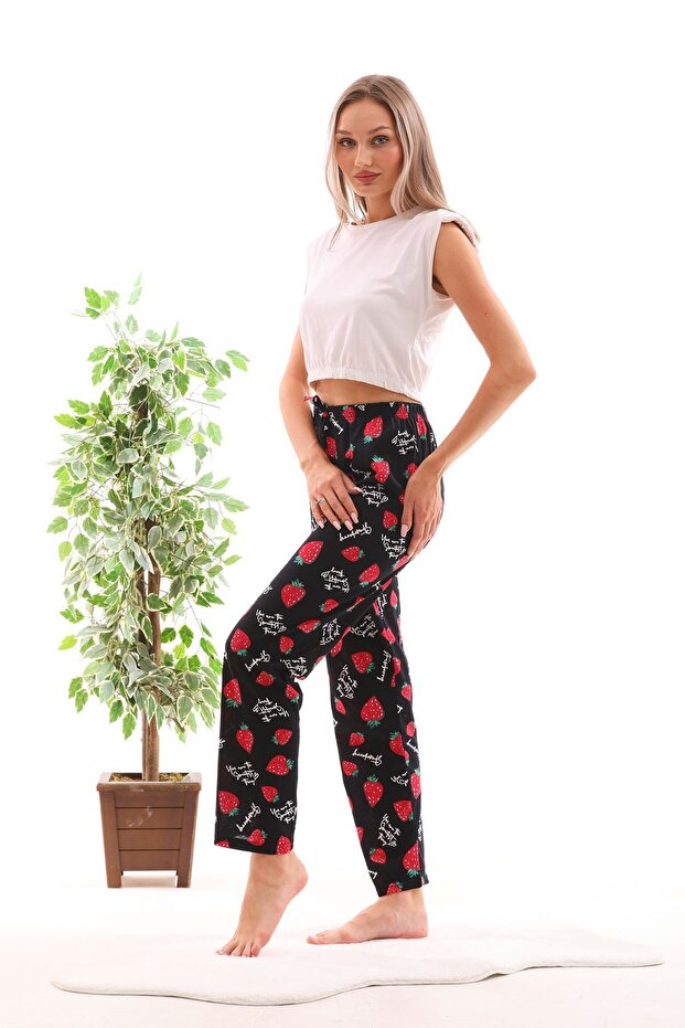 Women's Black Color Strawberry Printed Ribbon Pajama Bottoms