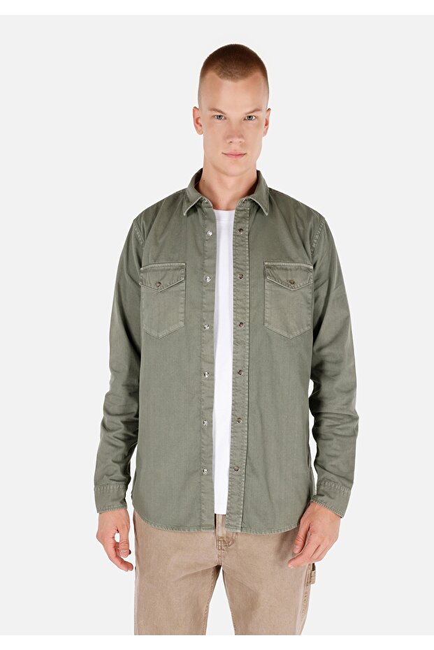 Regular Fit Klasik Yaka Düz Erkek Yeşil Uzun Kol Gömlek - 1