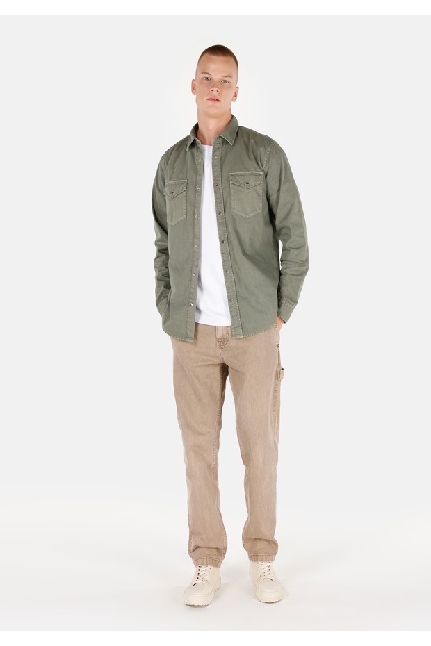 Regular Fit Klasik Yaka Düz Erkek Yeşil Uzun Kol Gömlek - 3