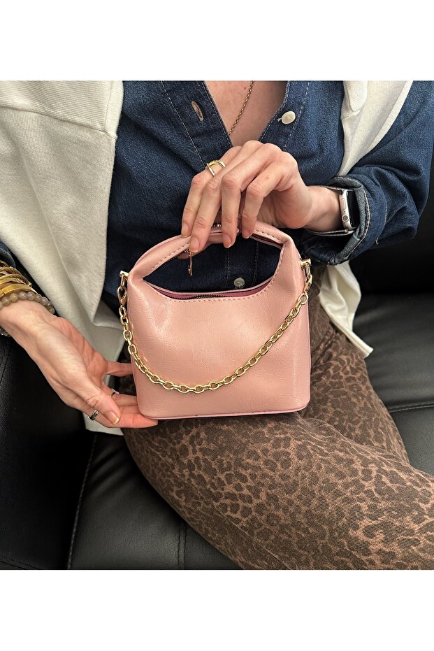 Women's Chain Detailed Powder Pink Leather Mini Hand and Shoulder Bag