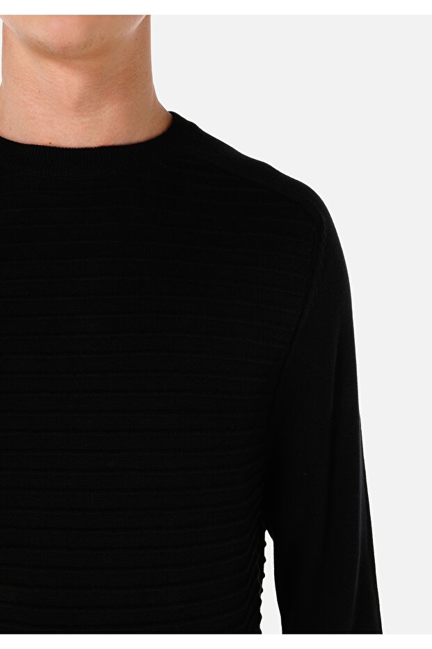 Regular Fit Yuvarlak Yaka Jakarlı Erkek Siyah Kazak - 5