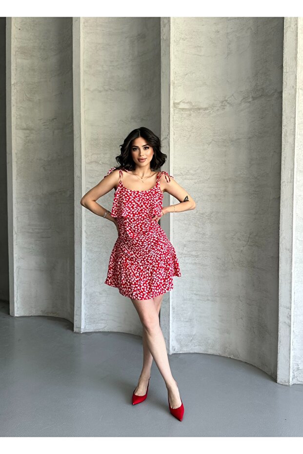 Women's Thin Strap Skirt with Gathered Volant Cotton Dress