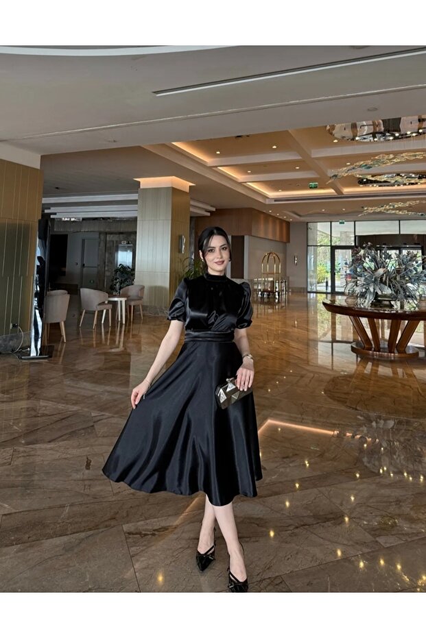Nil Navy Blue Flared Skirt Short Sleeve Midi Length Satin Evening Dress