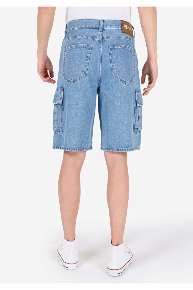 Cargo Fit Orta Bel Düz Erkek İndigo Jean Şort - 2