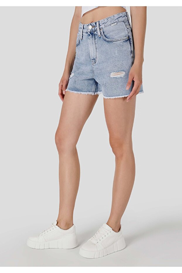 Regular Fit Yüksel Bel Kadın Mavi Jean Şort - 4