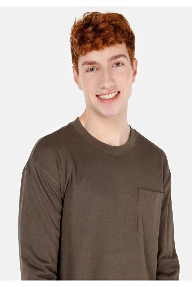 Regular Fit Yuvarlak Yaka Düz Pamuklu Erkek Yeşil Uzun Kol Tişört - 4