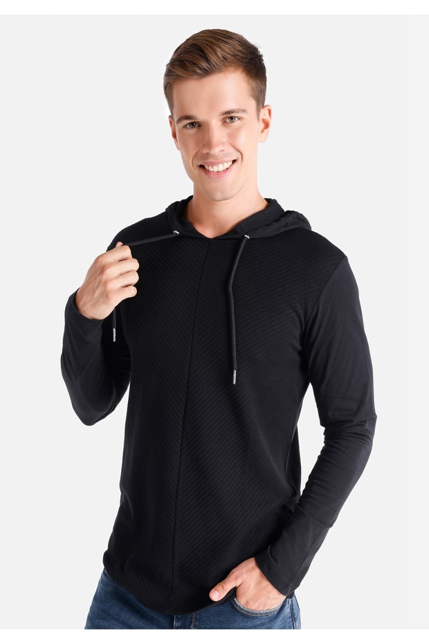 Regular Fit Kapüşonlu Düz Erkek Siyah Uzun Kol Tişört - 1