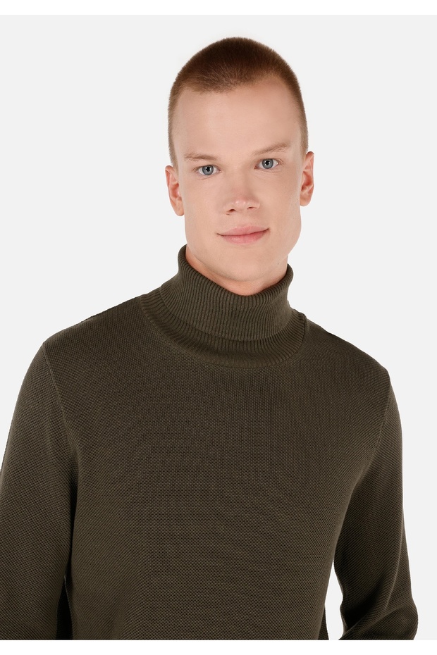 Regular Fit Turtle Neck Jakarlı Erkek Yeşil Kazak - 4