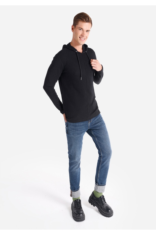Regular Fit Kapüşonlu Düz Erkek Siyah Uzun Kol Tişört - 3