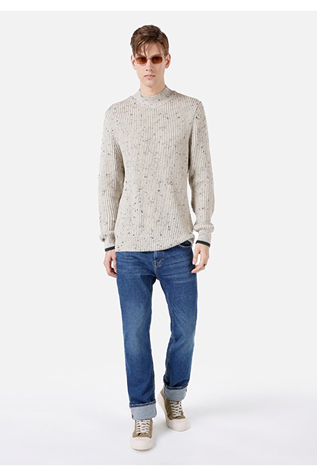 Regular Fit Turtle Neck Jakarlı Erkek Taş Kazak - 3