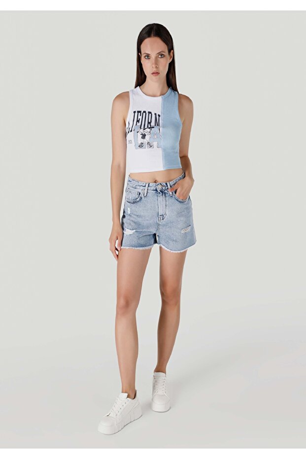 Regular Fit Yüksel Bel Kadın Mavi Jean Şort - 1