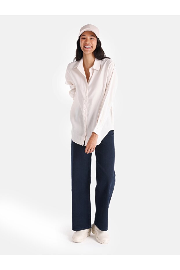 Regular Fit Basic Ekru Kadın Uzun Kol Gömlek - 3