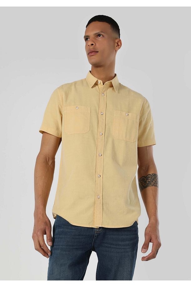 Regular Fit Basic Sarı Erkek Kısa Kol Gömlek - 1