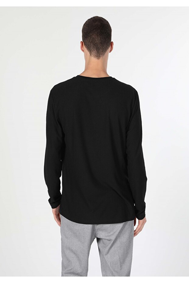 Regular Fit Yuvarlak Yaka Düz Erkek Siyah Uzun Kol Örme Tişört - 2