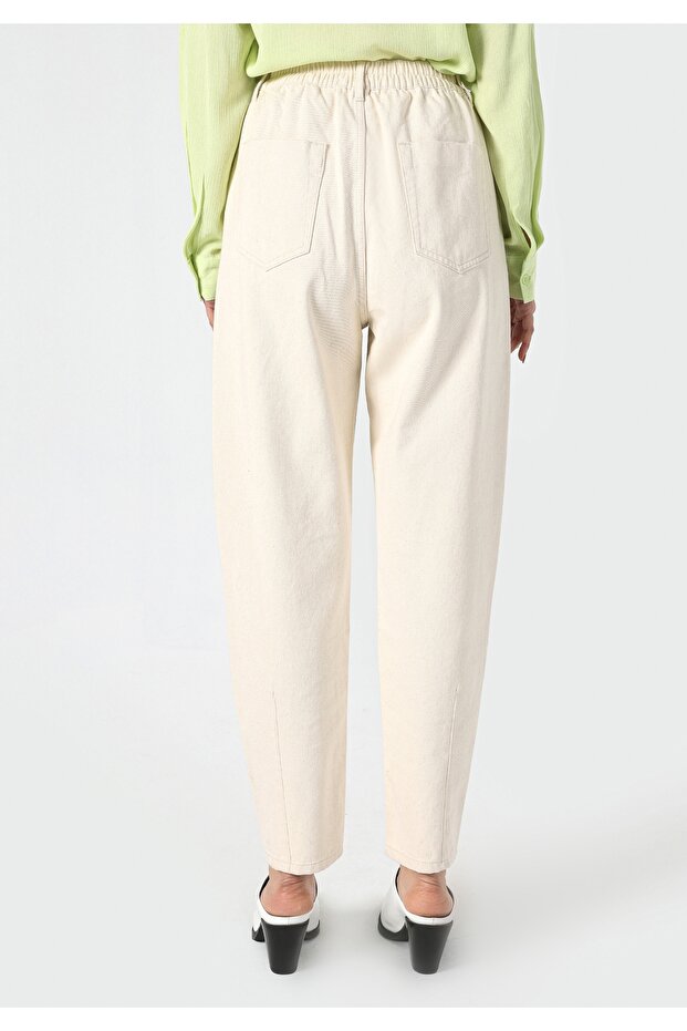 Baggy Fit Yüksek Bel Düz Paça Kadın Ekru Pantolon - 2
