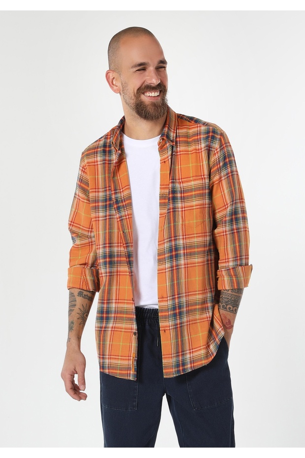 Regular Fit Ekoseli Sarı Erkek Uzun Kol Gömlek Cl1061639 - 1