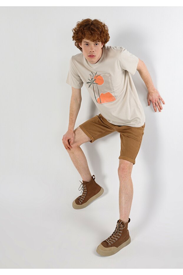 Regular Fit Yuvarlak Yaka Düz Erkek Bej Kısa Kol Tişört - 3