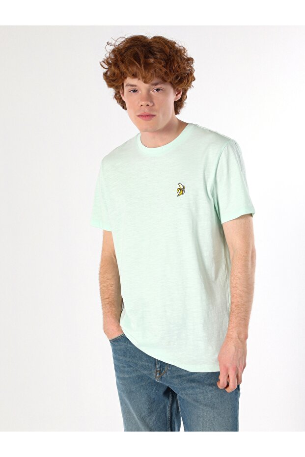 Regular Fit Yuvarlak Yaka Düz Erkek Yeşil Kısa Kol Tişört - 4