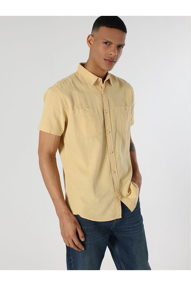 Regular Fit Basic Sarı Erkek Kısa Kol Gömlek - 4