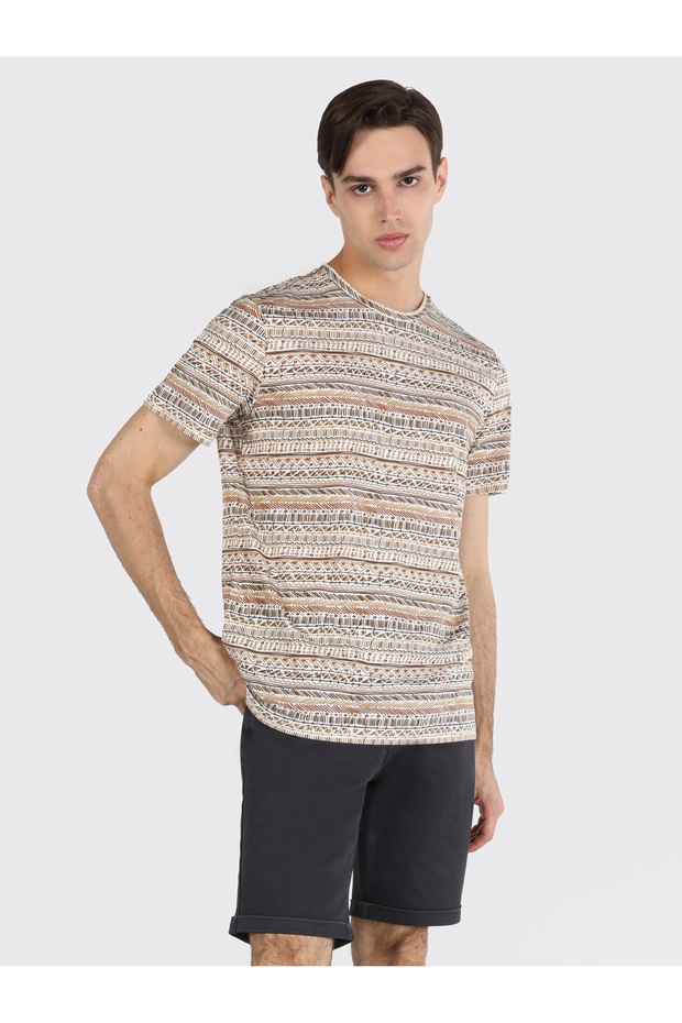Regular Fit Yuvarlak Yaka Baskılı Erkek Ekru Kısa Kol Tişört - 4