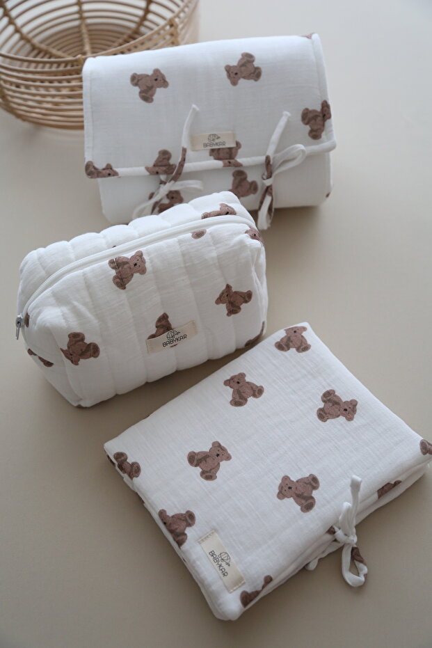 Diaper Mat, Care Bag and Cloth Bag Set Bear Muslin