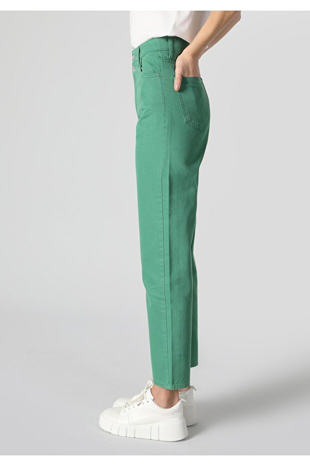 Regular Fit Yüksek Bel Düz Paça Kadın Yeşil Pantolon - 5