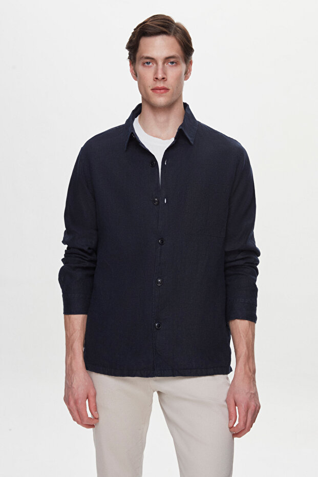 Ds Damat Comfort Fit Navy Blue Plain 100% Linen Shirt Jacket