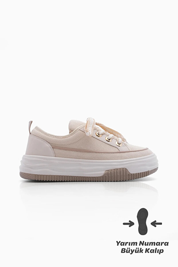 Damen Sneakers mit hoher Sohle aus Leinenstoff, Schnürschuhe, Sportschuhe, Hesna, Beige - 3