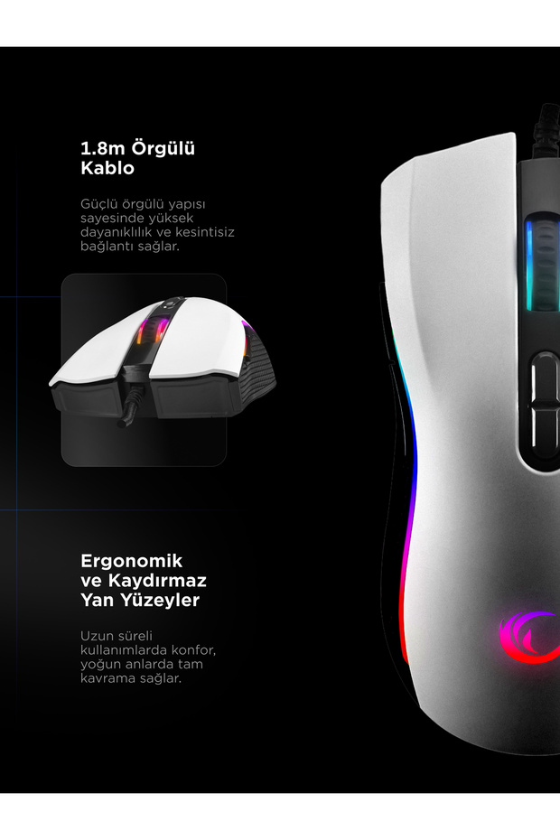 Smx-r44 V2 Makrolu Beyaz 12800 Dpı Rgb Usb Drag Click Örgü Kablo Pro Gaming Oyuncu Mouse - 9