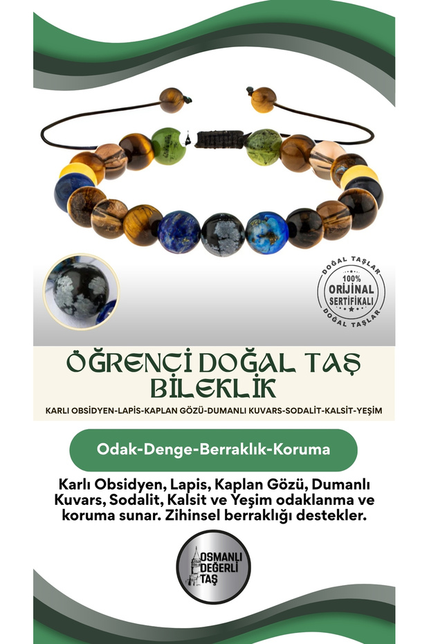 Student Natural Stone Bracelet-Snowy Obsidian-Lapis-Tiger Eye-Smoky Quartz-Sodalite-Calcite-Jade