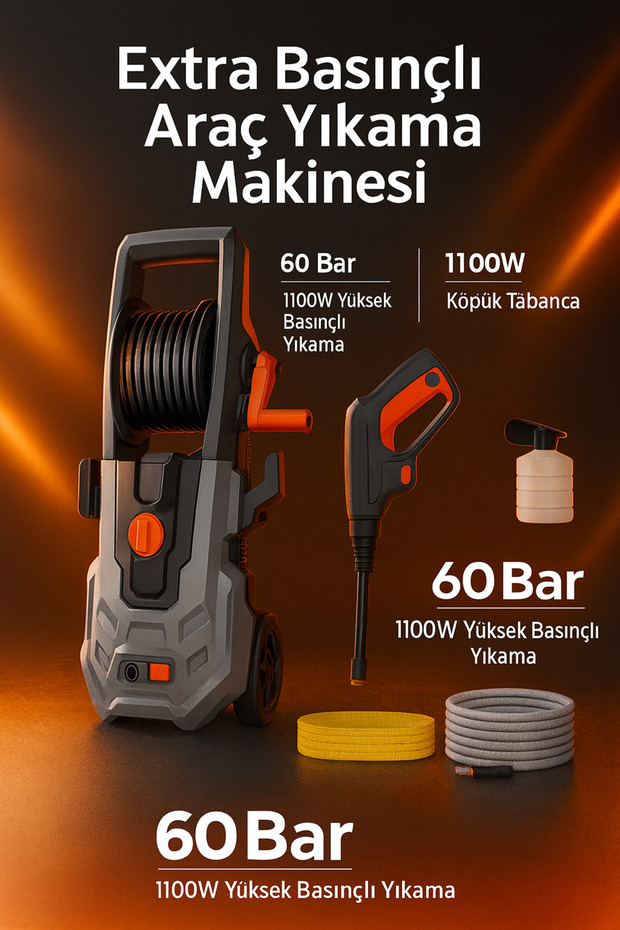 Araç Yıkama Makinesi Extra Basınçlı | 60 Bar 1100W Yüksek Basınçlı Yıkama | Köpük Tabancası - 1