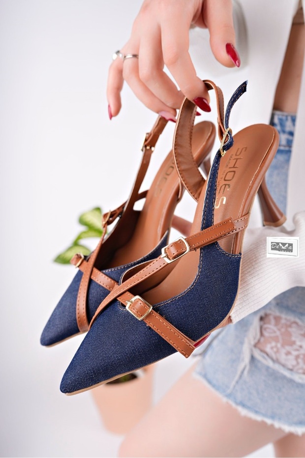 Navy Blue Jeans Denim Pointed Toe Closed Buckle Open Back Stiletto Heel Height 7 cm