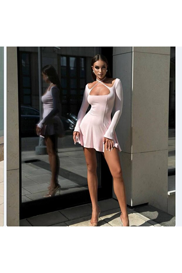 KADIN UZUN KOLLU KLOŞ MİNİ ELBİSE - 5