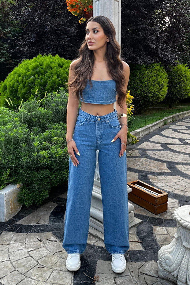 Ciemnoniebieskie dżinsy z szeroką nogawką i wysokim stanem - 7