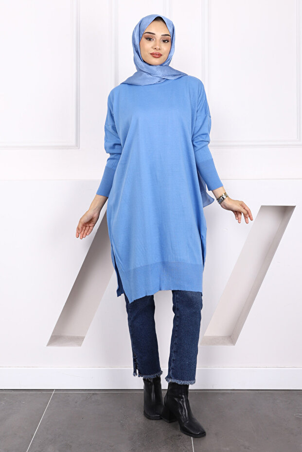 Indigo Crew Neck Mercerized Casual Knitwear Tunik