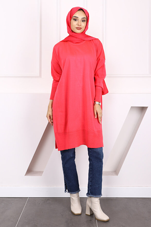 Fuchsia Crew Neck Mercerized Casual Knitwear Tunik