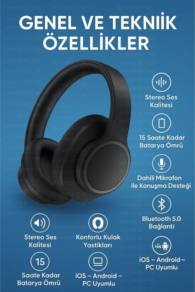 Kablosuz Kulaklık Bluetooth Mikrofonlu Kulaküstü Kulaklık Katlanabilir Siyah Android İos Uyumlu - 2