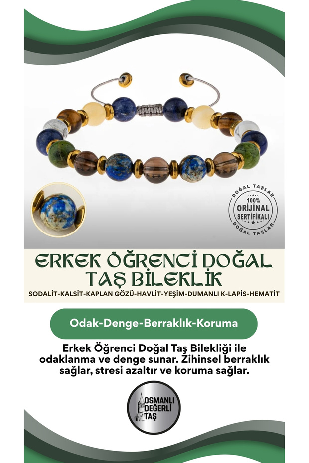 Men's Student Natural Stone Bracelet-Sodalite-Calcite-Tiger Eye-Havlite-Jade-Smoky K-Lapis-Hematite