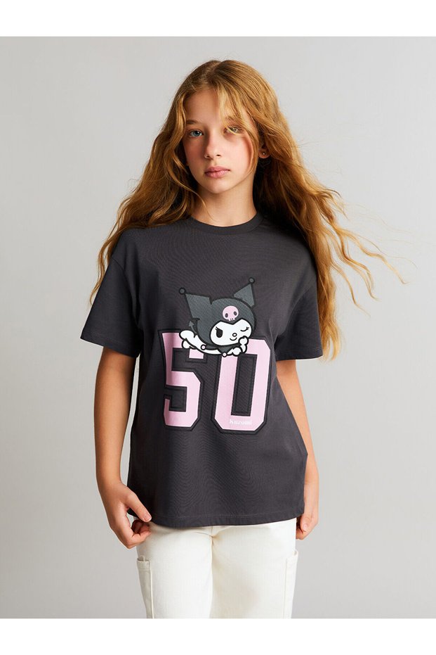 LCW Kids Anthracite Crew-Neck Kuromi Printed Girl's T-Shirt