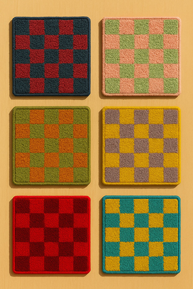 Handmade Punch Checkerboard Patterned Set of 6 Coasters – Colorful Retro Set - 2