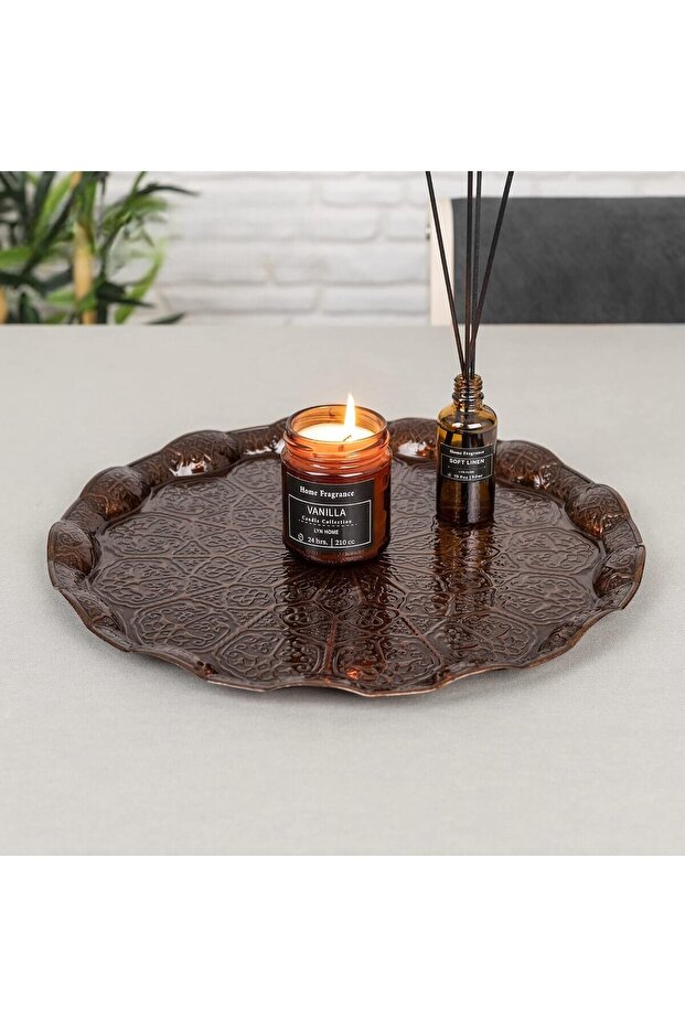Tray for Six People - Round Wavy Metal - Antique Copper (35 cm)