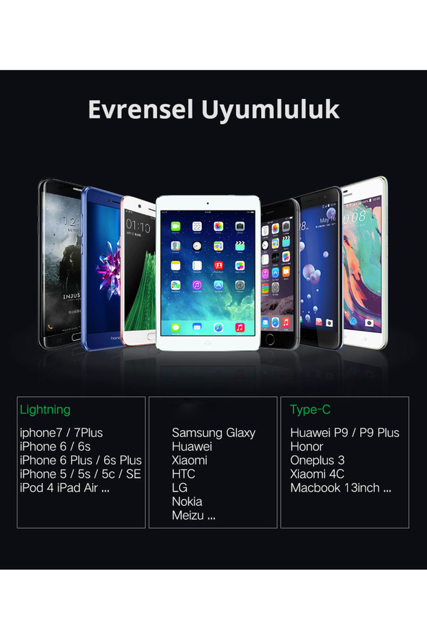 Tüm Cihazlarla Uyumlu iPhone Android, tablet "3'ü 1 Arada Hızlı Şarj Kablosu - Type-C & Lightning" - 2