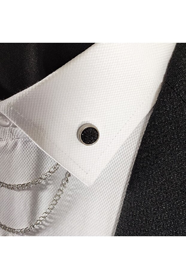 Siyah Taşlı Gömlek Yaka İğnesi Yaka Zinciri - 2