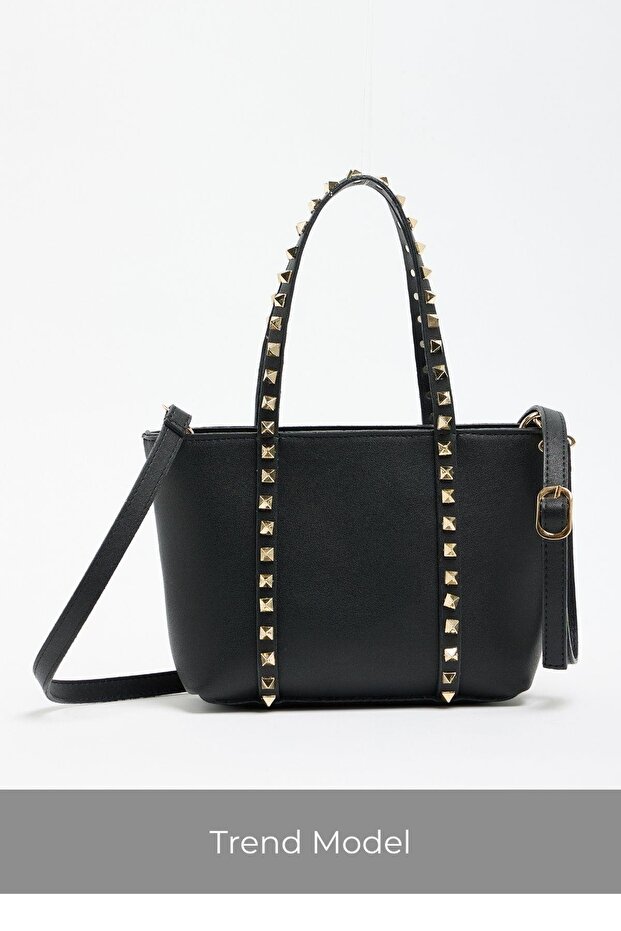Black Women's Staple Detailed Pu Leather Buckle Hand and Shoulder Bag