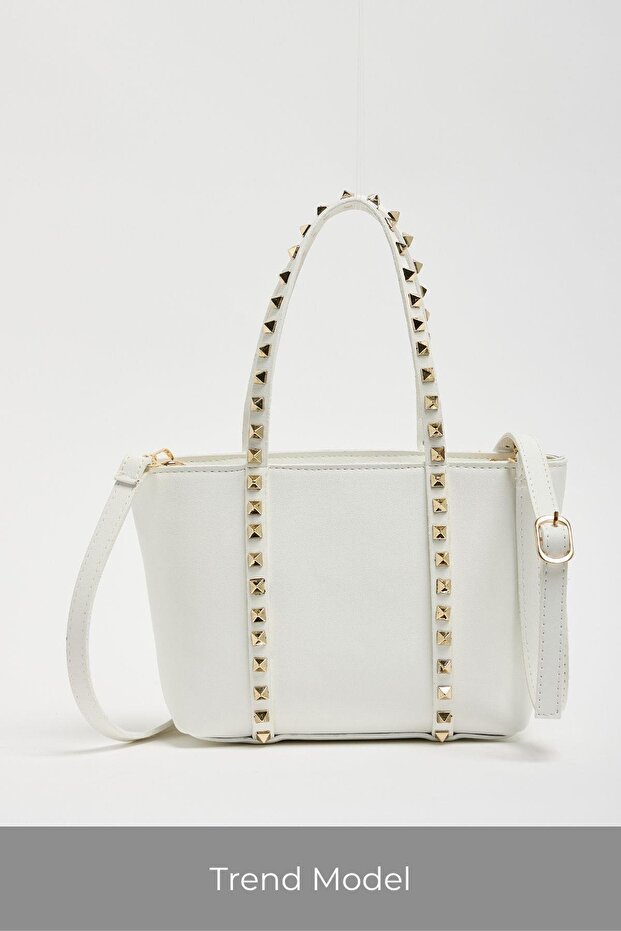 White Women's Staple Detailed Pu Leather Buckle Hand and Shoulder Bag