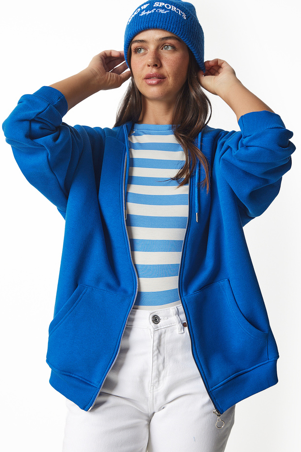 Hooded Zippered Oversize Sweatshirt Blue Lub0002