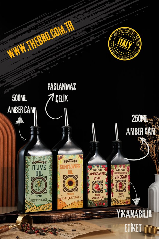 Carmen Series 4-Piece Olive Oil, Sunflower Oil, Pomegranate Syrup, and Vinegar Bottle Oil Dispenser Without Stand